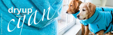 Hellblauer DRYUP Cape Bademantel für Hunde aus 100% Baumwoll-Frottee – ideal nach Regen, Schwimmen und Matsch