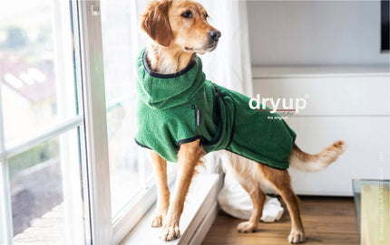Grüner DRYUP Cape Bademantel für Hunde aus 100% Baumwoll-Frottee – ideal nach Regen, Schwimmen und Matsch