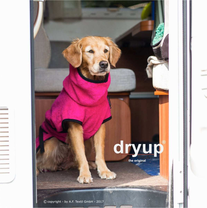 Pinker DRYUP Cape Bademantel für Hunde aus 100% Baumwoll-Frottee – ideal nach Regen, Schwimmen und Matsch