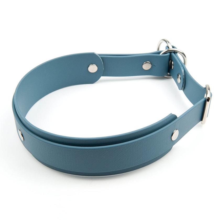 halsband aus biothane, breit unterlegt, individuell konfigurierbar, persönlich, absolut rostfrei, edelstahl oder messing. zugstopp-halsband mit würgestopp, wasserfest